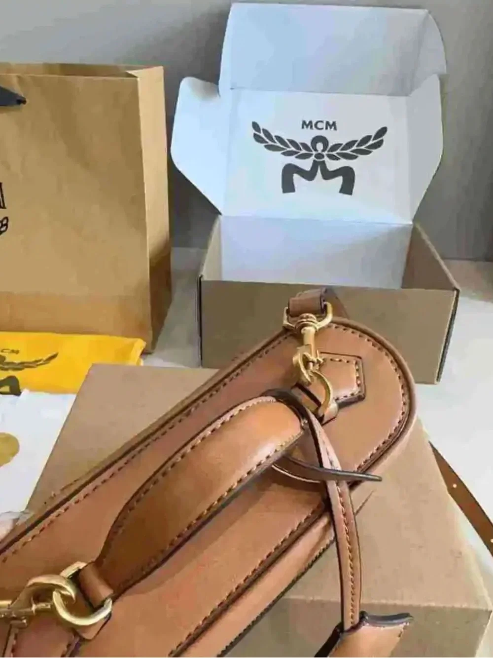MCM Cognac Visetos Mini Vanity Crossbody with Gold Hardware